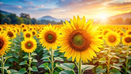 Obraz premium Stunning Low Light Sunflowers Field, Blooming Sunflowers Night Photography, Golden Hour Sunflower, Summer Sunflower Landscape