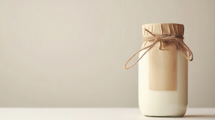 Rustic glass jar filled with fresh creamy milk on neutral background