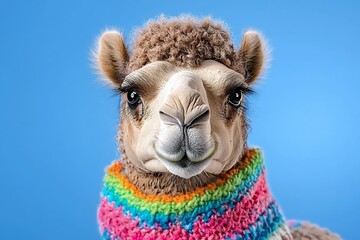 Fototapeta premium Closeup Portrait of a Dromedary Camel in Colorful Scarf Against Blue Background