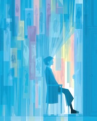 Fototapeta premium A human silhouette sits inside a transparent smartphone, drifting in space, surrounded by endless notifications and ghosted avatars, symbolizing solitude.