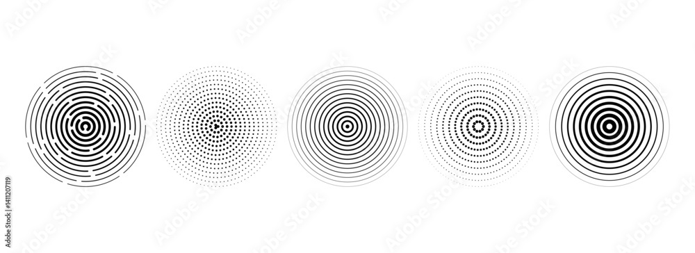 Poster Black concentric circle set. Rippled and dashed sound wave ring collection. Epicenter, target, radar, sonar icon concept. Radial radio signal or vibration elements. Linear halftone symbol. Vector