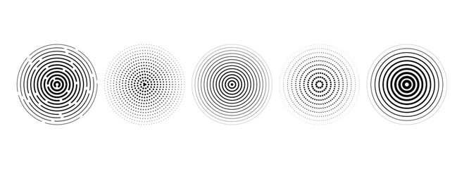 Black concentric circle set. Rippled and dashed sound wave ring collection. Epicenter, target, radar, sonar icon concept. Radial radio signal or vibration elements. Linear halftone symbol. Vector