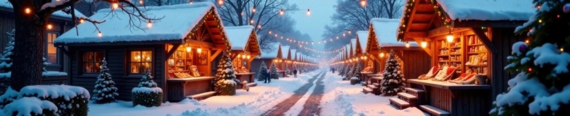 Snowy village scene with Christmas market stalls and lanterns, lantern, stall