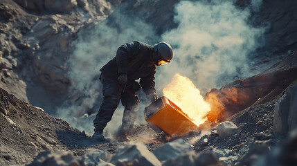 Blasting technician setting up explosives for a controlled detonation in a mining pit. Featuring safety and precision