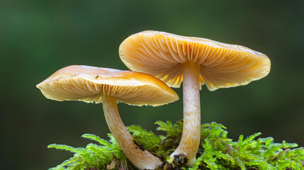Closeup View Of Two Mushrooms On Mossy Forest Floor