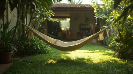 A relaxed hammock hangs in a lush green garden setting