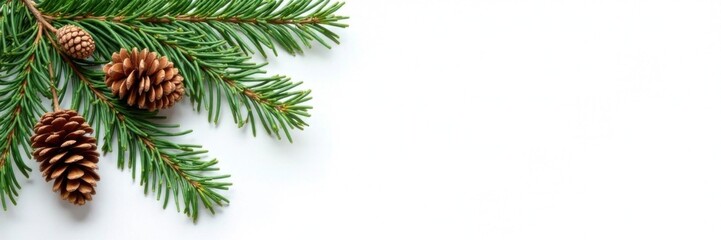Fototapeta premium Evergreen fir branches with pinecones against white background , decorative, winter