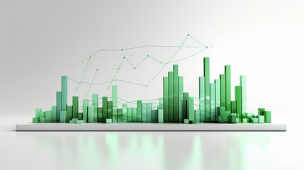 A green bar graph with connecting lines on a white surface in a minimalist style rendering concept