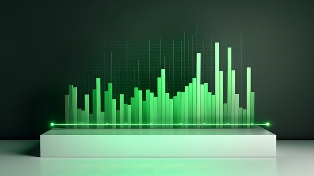 Green bar graph on a white platform against a dark background showcasing data visualization concept