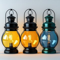 Three vintage lanterns with different colored glass shades, illuminating with warm yellow light bulbs.