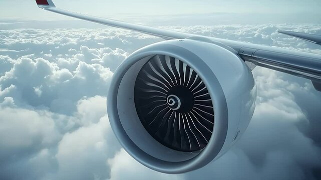 Close-up of a plane engine soaring above clouds. Wing visible with cloudy skies, creating a sense of flight and travel