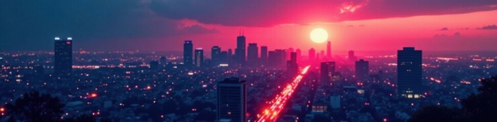 Obraz premium Muted cityscape at dusk with dark silhouettes and neon lights, modern architecture, urban landscape, gritty atmosphere