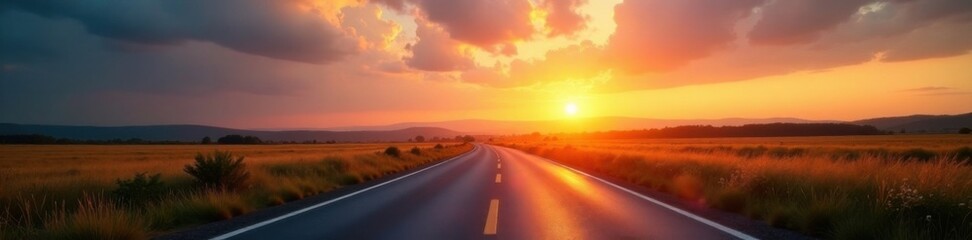 Fototapeta premium Serene road winding towards radiant morning sky, tree, winter