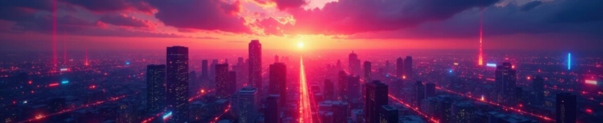 Obraz premium Neon-lit app icons in a futuristic cityscape at sunset , mobile, futuristic