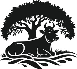 Vector silhouette of a cow with forest tree