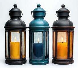Three vintage lanterns with lit candles, black, blue, and brown in color, against a white background.