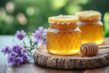 jars of honey and a wooden spoon with honey.
