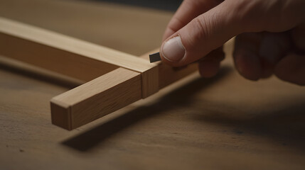 Carpenter assembling a wooden table frame in a workshop. Featuring woodworking and carpentry precision