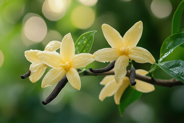 Fototapeta premium Yellow flowers glistening with water droplets.