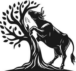 Vector silhouette of a cow with forest tree