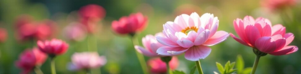 Obraz premium Delicate pink and white ranunculus flowers in full bloom, gently swaying , garden, delicate