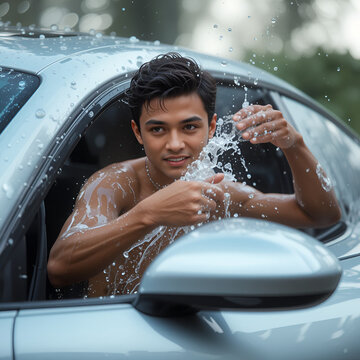 Young attractive man perfusing with water his silver car