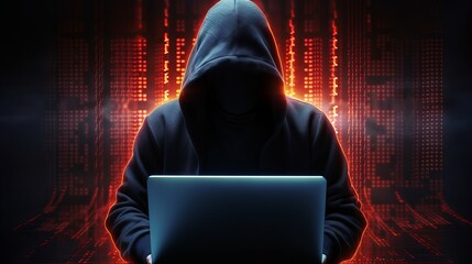 A hooded figure in shadow using a laptop with a red digital background and glowing light effects around