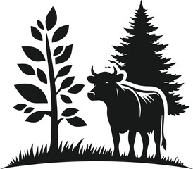 Vector silhouette of a cow with forest tree