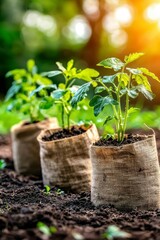 Growing tomato plants in burlap bags home garden photography natural setting close-up sustainable gardening