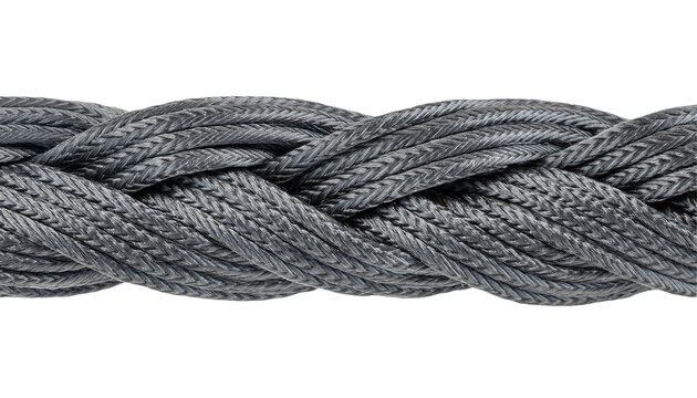thick braided grey paracord rope close-up with strong synthetic strands and tight woven texture for tactical utility on isolated background

