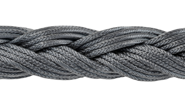thick braided grey paracord rope close-up with strong synthetic strands and tight woven texture for tactical utility on isolated background
