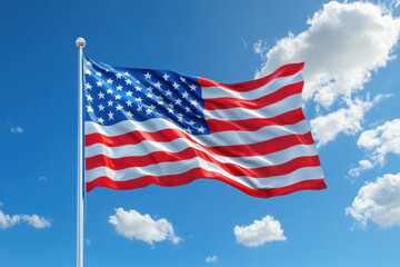 Obraz premium American flag proudly flying in the sky during a sunny day, symbolizing patriotism and freedom.