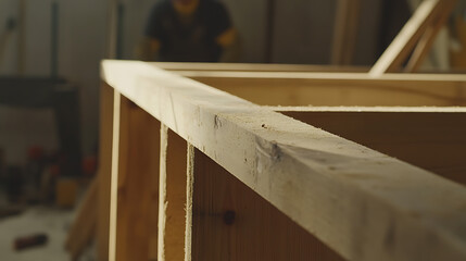 Carpenter constructing a wooden frame for a house wall. Featuring framing and construction techniques