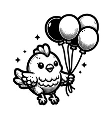 Obraz premium Cute Chicken Chibi Floating with Balloons, Adorable and Playful Illustration for Joyful Theme