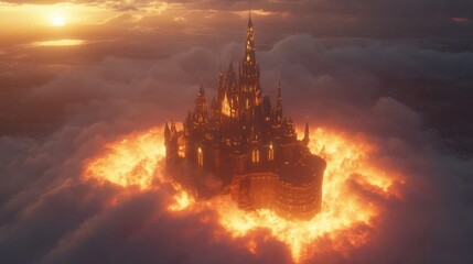 Fiery Castle in the Clouds: A Fantasy Aerial View