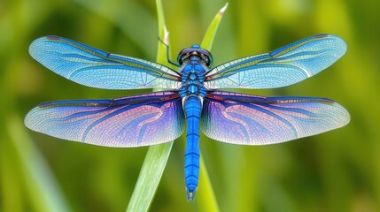 A vibrant blue dragonfly resting on a blade of green grass