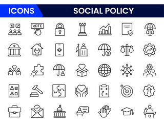Social Policy line icon set. icons related to education, reform, services, welfare, health care, legislation, society. Social Policy outline icons collection. Vector illustration.