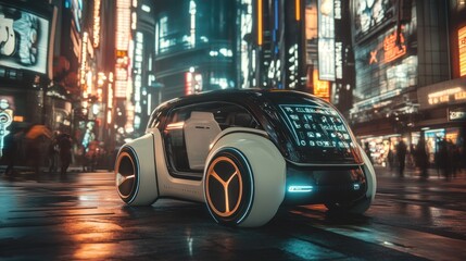 Fototapeta premium A futuristic self driving electric vehicle in a city at night