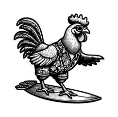 Chicken surfing with style in beachwear on sunny day, summer vibe and fun activity.