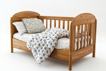 Wooden crib with cozy blanket and pillows, surrounded by colorful toys and a gentle night light glowing nearby.