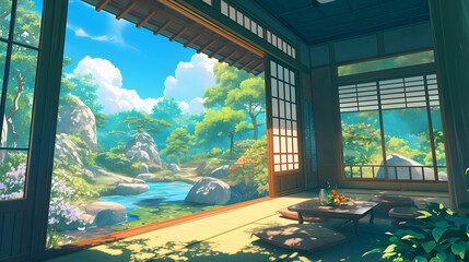 Serene Japanese Garden Illustration
