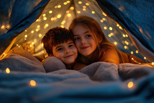 children reading inside a tent lit up with fairy lights, surrounded by books and stuffed animals, creating a cozy and imaginative space.