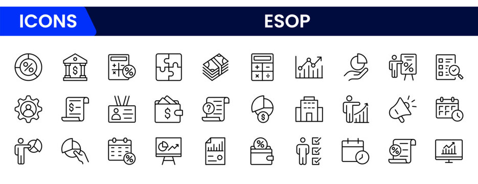 A set of line icons related to ESOP. Employee, plan, ownership, stock, profit, and so on. Outline icon collection