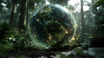 Digital globe representation in lush forest setting, showcasing interconnected earth in vibrant green ecosystem with light trails and lush vegetation around it