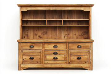 Large wooden hutt with drawers and cupboards, filled with rustic kitchenware and utensils. Sun streaming through windows onto the worn wooden floor.