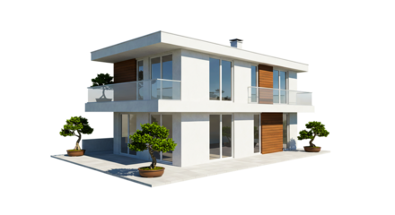 A modern two story house with white walls and large windows and bonsai trees surrounding the house and green plant, and green landscape