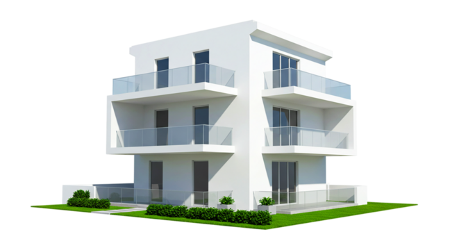 A modern white apartment building with glass balconies and green grass on a black background scene view and green plant, and green landscape