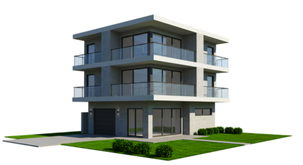 Three story modern building with balconies and a garage on a black background in the sunlight and green plant, and green landscape