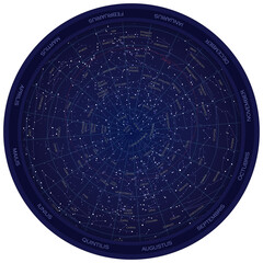 round Planisphere chart of stars, astronomy of the northern hemisphere, constellation graphic...
