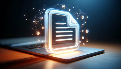 Digital Document Icon with Glowing Effect on Futuristic Touchscreen Background.